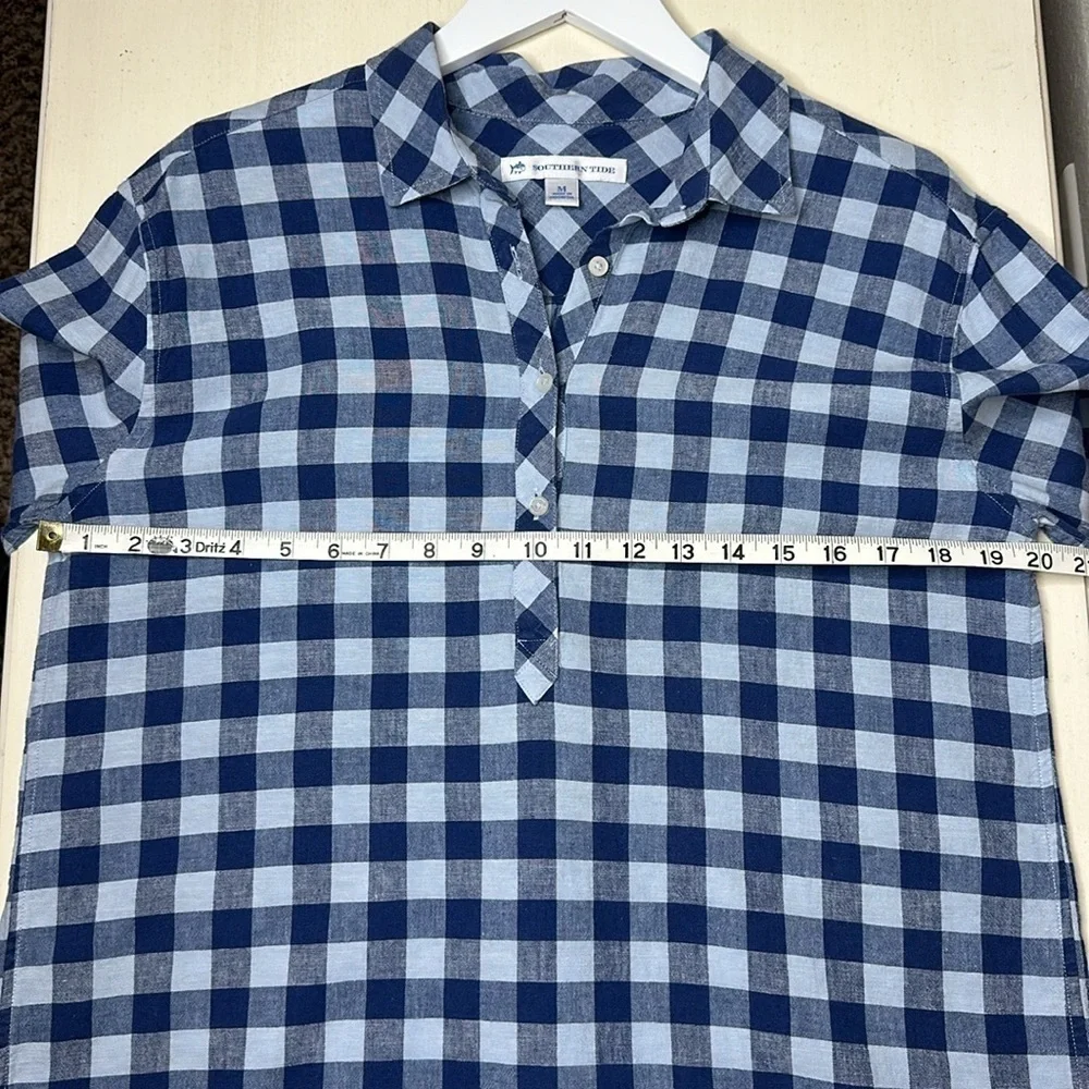 Southern Tide Blue White Gingham Linen‎ Blend Popover Shirt Size M